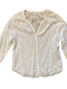 Women's OLD NAVY 3/4-Sleeve Button-Up Eyelet Peasant Top WHITE Large Tall